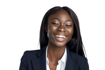 Portrait of beautiful African American Business woman wearing suit and shirt posing with smart and confidence isolated on transparent png background.