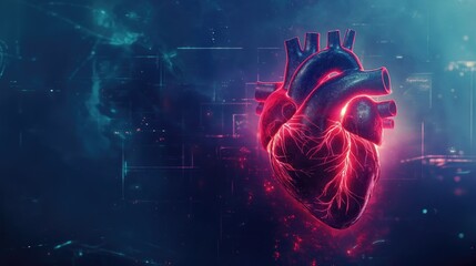 Futuristic Neon Heart Illustration Over Cybernetic Network Background in Medical Technology Concept