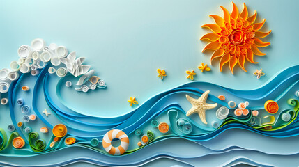 Fototapeta na wymiar Paper quilt summer theme, sun, sea, fun