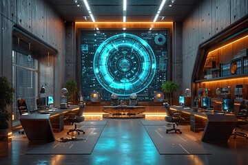 Futuristic stylish interior view of office with holographic screen, hi tech, mechanical technology concept. 3D rendering - obrazy, fototapety, plakaty