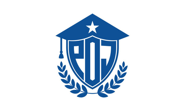 POJ three letter iconic academic logo design vector template. monogram, abstract, school, college, university, graduation cap symbol logo, shield, model, institute, educational, coaching canter, tech