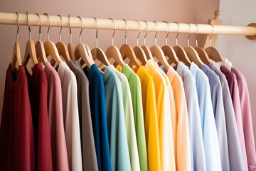 Rainbow-Colored Clothes Hanging on Wooden Hangers. Concept Colorful Clothing, Rainbow Aesthetics, Wardrobe Organization, Hanging Clothes, Wooden Hangers
