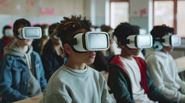 group of kids at school with virtual reality glasses in the day room in high resolution