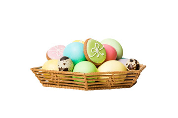 Basket of colorful Easter eggs isolated on white background. Easter basket filled with colored eggs top view holiday concept