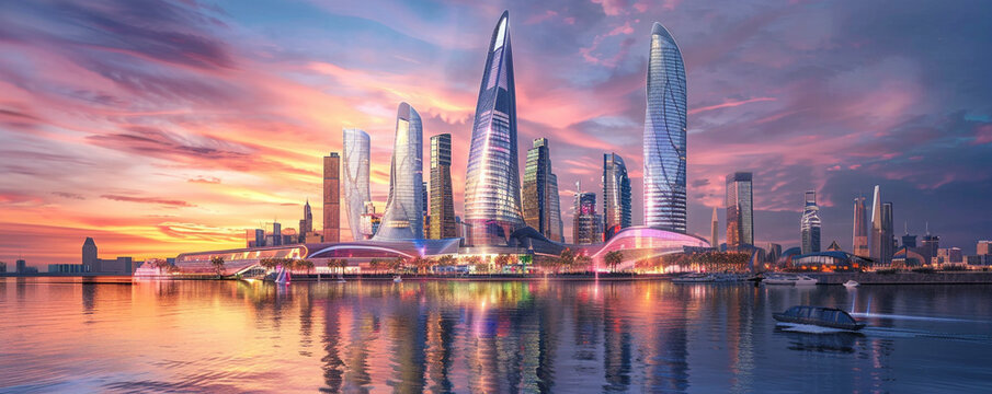 Futuristic city skyline blending organic growth structures with high tech under a twilight sky