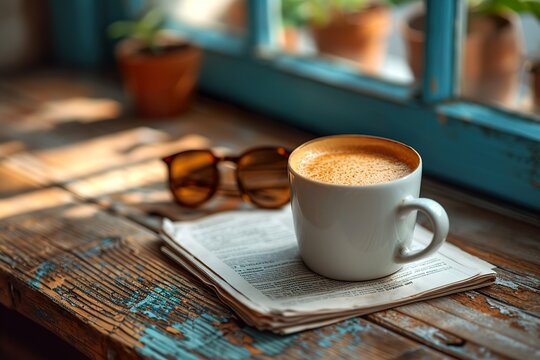 Glasses, newspaper and cup of coffee, digital art, the extreme right third of an image