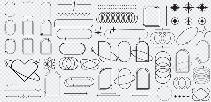 Modern minimalist aesthetic line elements, trendy linear frames with stars, geometric forms.line ornament y2k arch element, vector minimal decoration retro border geometry kit.