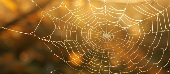 Obraz premium Witness the beauty of a spider web covered in glistening dew drops in this closeup photograph.