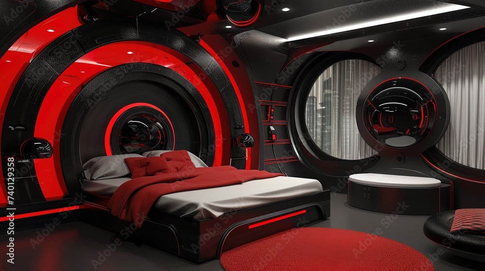 Wall mural futuristic bedroom with black and red concept, ai generative