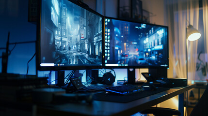 Gamer's Dual Screen Setup: Dynamic Angle of a Cozy Room with Lit Monitors Displaying Urban Nightlife for a Gaming Atmosphere