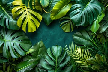 A vibrant group of green monstera  leaves gracefully encircles a perfectly formed green circle, creating a mesmerizing display of natures beauty and symmetry - obrazy, fototapety, plakaty