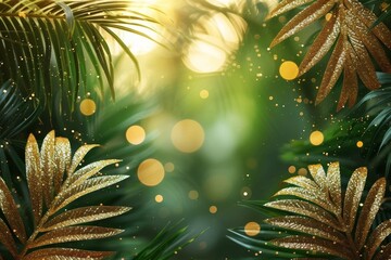 vibrant green and gold background adorned with elegant palm leaves. The contrast between the rich colors creates a lush and luxurious atmosphere