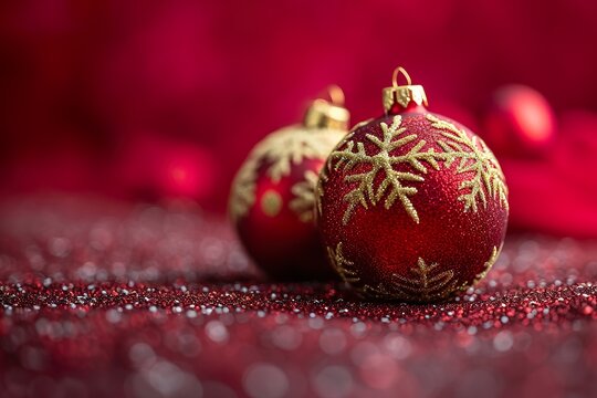 Golden and red Christmas ornament, Christmas balls, the extreme right third of an image, on the extreme right third of an image, space for text, hyper-detailed, Cinematic
