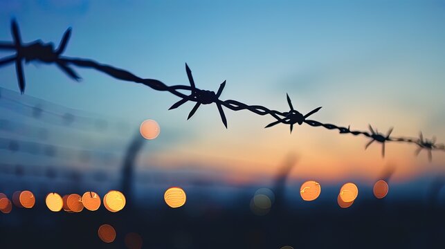 Barbed wire fence with sunset background. Focus on barbed wire, ai generative