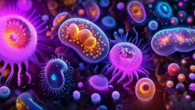 Cells inside human body close up. Human cell or embryonic stem cell microscope purple neon colors. Animation of bacteria 4k video