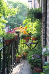 Image of A vibrant balcony filled with an array of potted plants and flowers, creating a lush oasis in a cityscape. The sunlight dances on the leaves, highlighting the colorful blooms printed on Printed Glass Basin Splashbacks