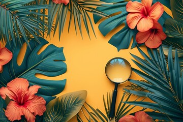 A magnifying glass is placed among vibrant tropical leaves and flowers, creating a harmonious and magical scene. The glass reflects the beauty of the natural world