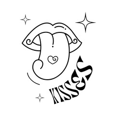 kisses. Groovy cartoon characters. mouth and tongue glistening. Sticker pack in trendy retro trippy style. Isolated vector illustration. Hippie 60s, 70s style.