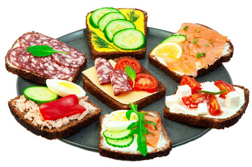 appetizing sandwiches in a gray plate on a white background. slices of bread with vegetables and meat in a plate on a light texture