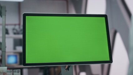 Green screen computer laboratory table close up. Scientist looking on mockup pc