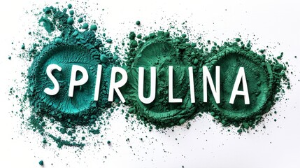 White word spirulina written in green powder. The powder forms smooth, vibrant letters against a neutral background
