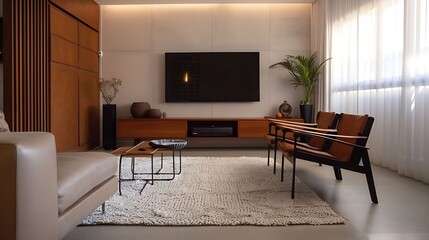 A modern TV lounge with a minimalist rug anchoring the seating area and adding warmth to the space