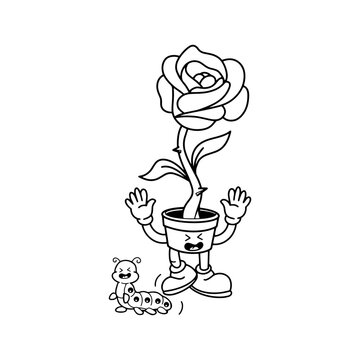 vintage style groovy cartoon character rose plant pot illustration.caterpillar. vector