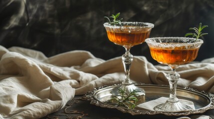 Fototapeta premium Amber Cocktail with Rosemary Garnish and Sugar Rim on Vintage Tray.