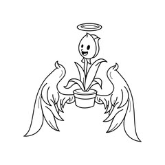 vintage style groovy cartoon character plant pot illustration. plant with wings. vector. isolated white background. 