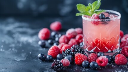 Fruity Pink Cocktail with Mixed Berries and Sugared Rim.