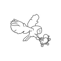 flying owl wearing roller skates. groovy character. vector. isolated white background