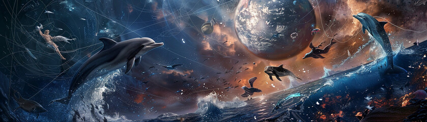Motion filled scene of dolphins and wizards with a backdrop of the Trojan War and cosmic webs