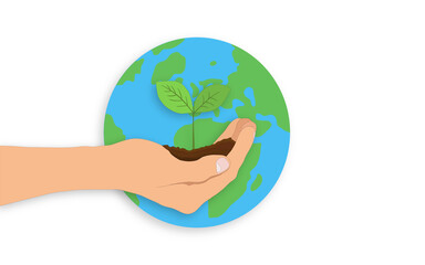 a sprout of a young tree in a human palm on the background of the globe. the concept of the development of a new life in the world
. a man holds a young bud in his hand