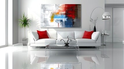 A modern minimalist living room with a sleek white sofa, glass coffee table, and abstract artwork