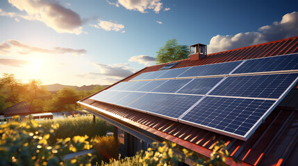 Solar panels illuminated by bright sunlight, photovoltaic background