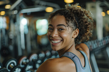 Happy Girl Enjoying Her Workout Session in the Gym. Generative AI. - obrazy, fototapety, plakaty