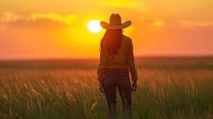 A cowboy girl in a field - obrazy, fototapety, plakaty
