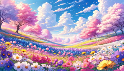 A breathtaking spring meadow. The meadow is vibrant with flowers in hues of pink, purple, and yellow