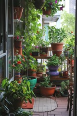 Fototapeta na wymiar Cozy Balcony Garden with Hanging Pots and Potted Plants