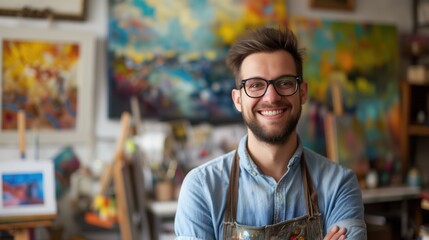 Portrait of a happy male artist working on painting in studio, generative ai