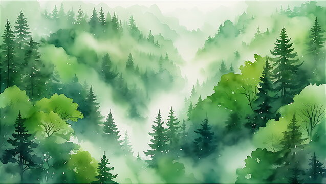 Green and calming forest in watercolor style