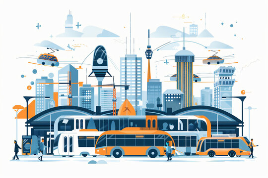 Integration of Modes and Network, Mobility as a Service and Mobility Hubs, Public Transports Concept, Future, Illustration - Generative AI.