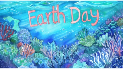 Fototapeta na wymiar Underwater Dreamscape of Coral Reefs with Earth Day Text. Earth Day Celebration Underwater with Colorful Coral Reefs and Marine Life.