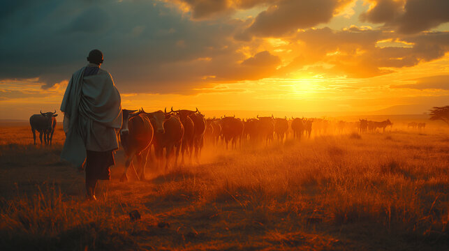 Pastores masais de Kenia con sus vacas por el Masai Mara