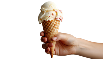 hand holding ice cream cone PNG. Hand holding vanilla gelato isolated. Person holding an ice cream dessert PNG. Sundae dessert 