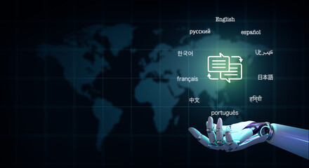 Ai Robot Hand holding speech bubble with arrows and text in many important languages. World map background. Translator and languages education with Artificial Intelligence concept. 3D Rendering.