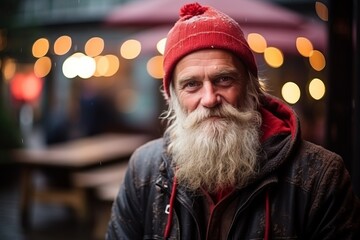 Obraz premium Portrait of an old man with long white beard and mustache on the street at night