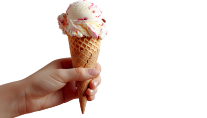 hand holding ice cream cone PNG. Hand holding vanilla gelato isolated. Person holding an ice cream dessert PNG. Sundae dessert 