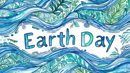 Watercolor illustration with swirling patterns and Earth Day lettering. Aquatic Swirls and Foliage Watercolor Illustration for Earth Day.