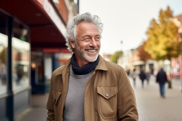 Naklejka premium Portrait of a happy senior man with grey hair and beard smiling at the camera while walking in the city